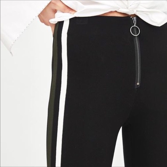 Zara black green/white stripe front zipper pants - Picture 3 of 4